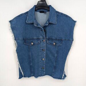Women With Control Denim Vest Jacket Size S Oversized Fringe Button Down Cowgirl
